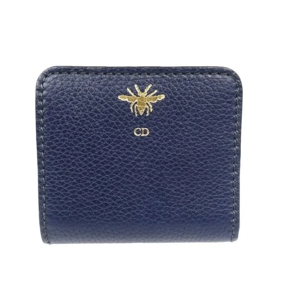 Christian Dior Bee Leather Gold Hardware Navy Blue Bifold Wallet 1128